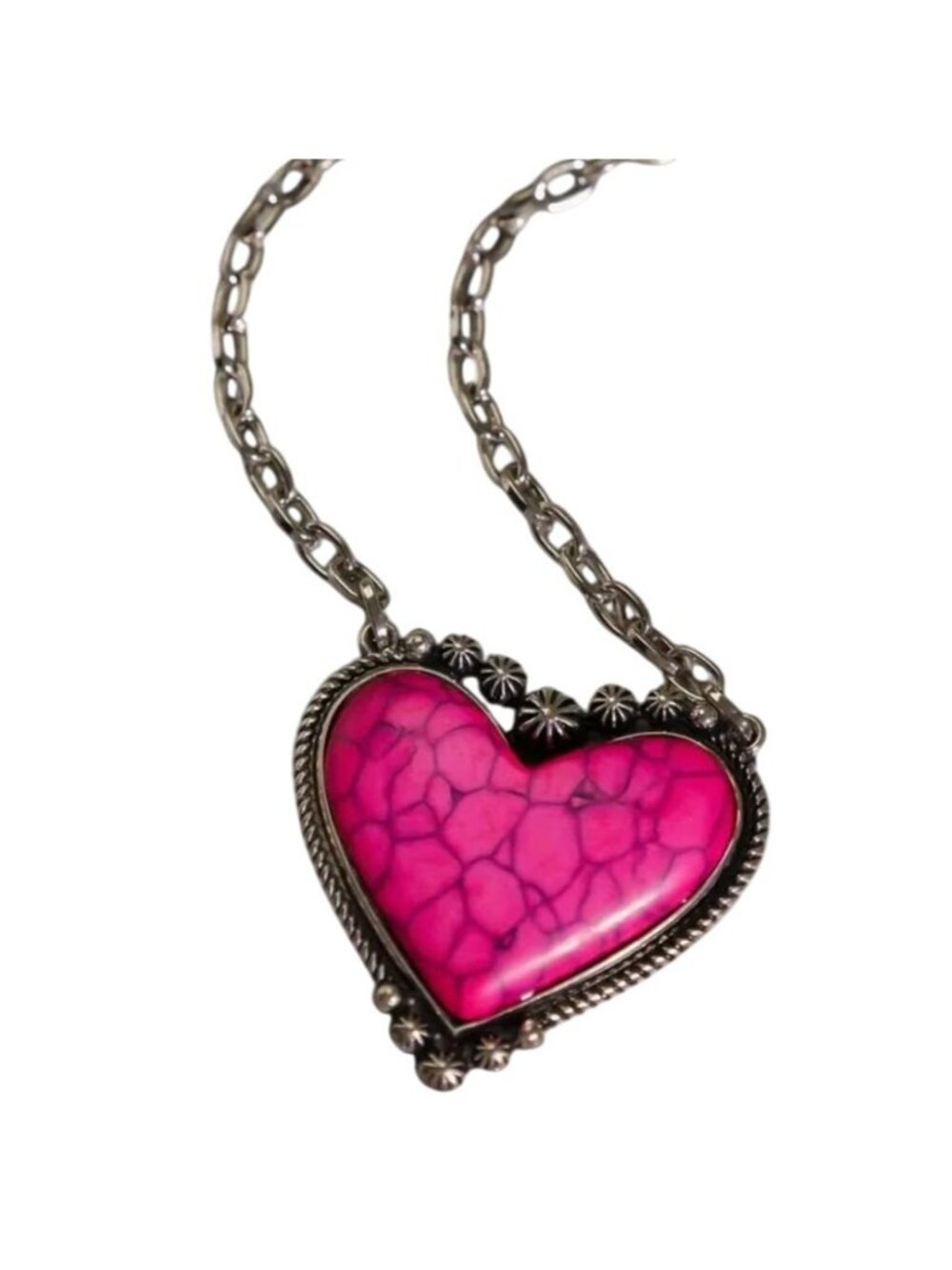 Bright Pink Heart Necklace Southwest Style Silver Tone